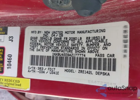 2010 Toyota Corolla S z USA, uszkodzony, nr VIN 1NXBU4EE9AZ177774